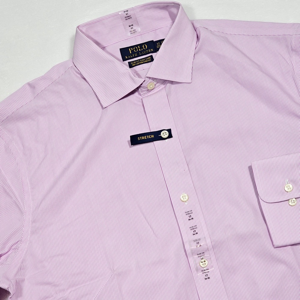 Polo Ralph Lauren Dress Shirt Mens 17 34/35 Purple White Pinstripe Slim Fit Ivy